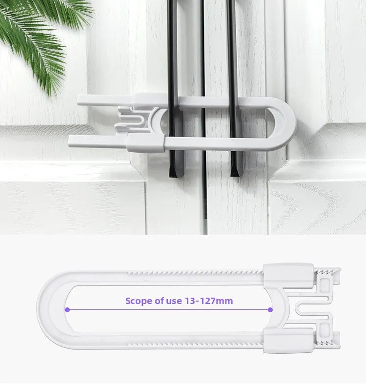White adjustable U-shaped cabinet locks with a scope of use from 13 to 127 mm