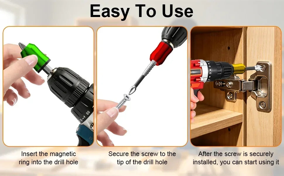 A hand inserts a magnetic screwdriver bit into a drill hole, demonstrating the easy use of the tool.