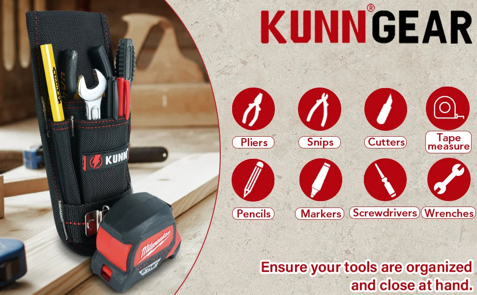 A black heavy-duty tool pouch with a belt clip holds various tools like pliers, scissors, cutters, pencils, markers, screwdri