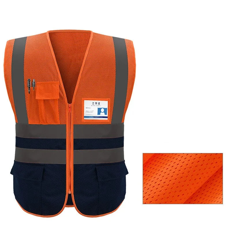 Orange high-visibility reflective safety vest with gray and navy blue accents
