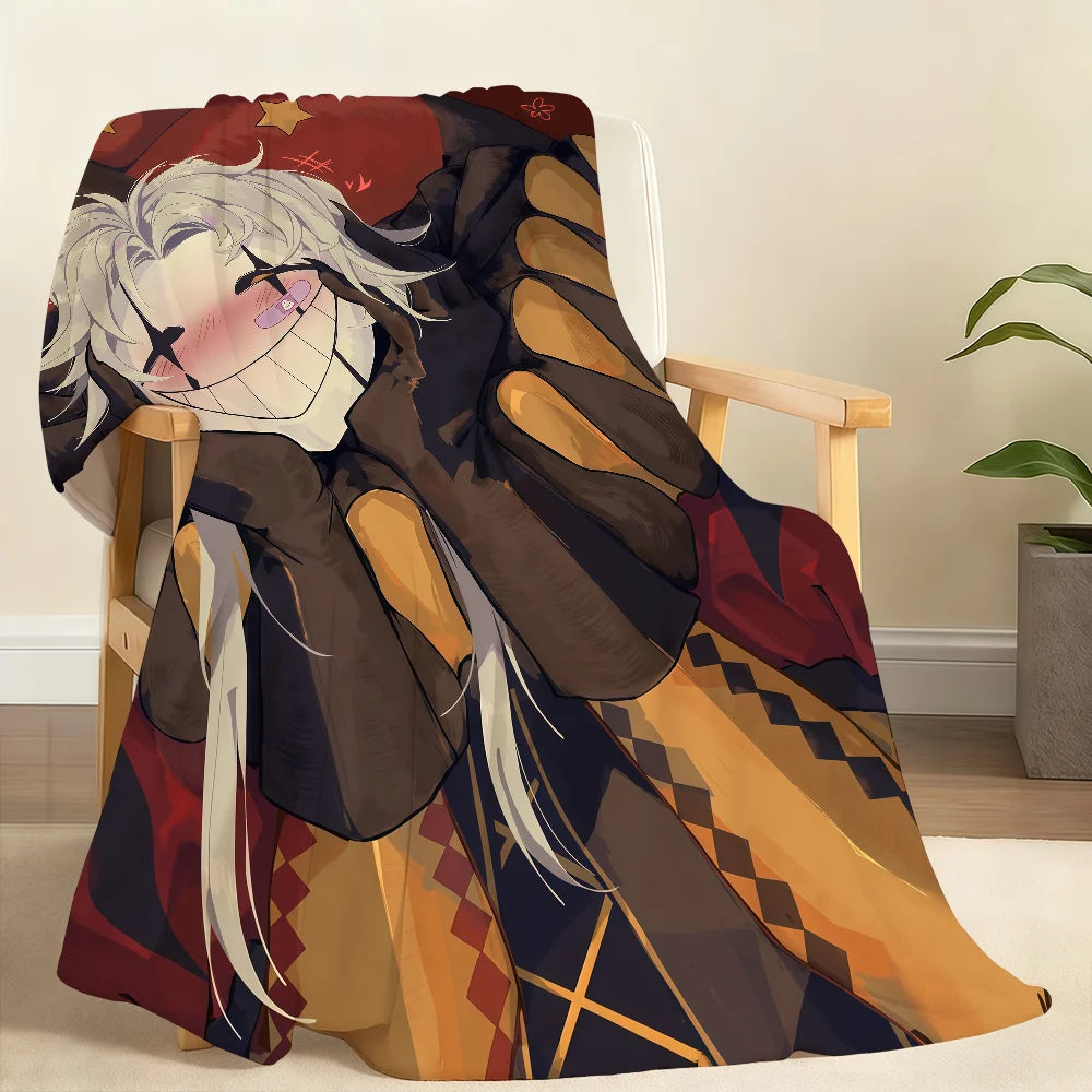 A throw blanket featuring an illustration of a character with white hair and a large grin in circus-themed colors.