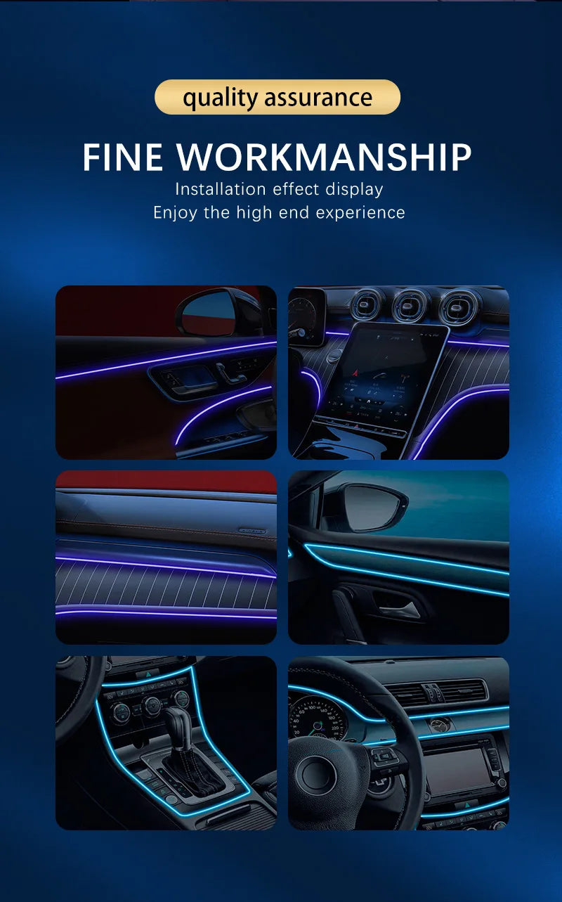Close-up shots of a car interior featuring fine workmanship USB LED ambient light strips and display effects.