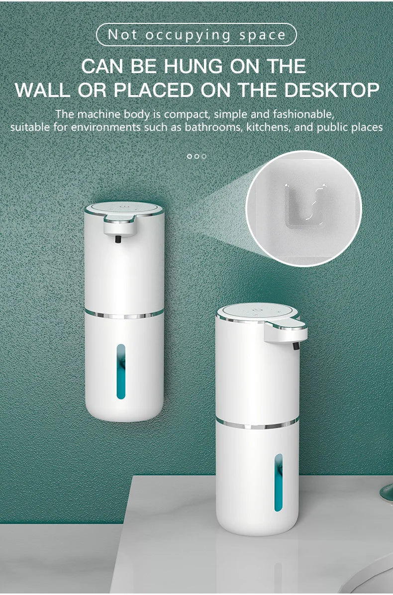 A white touchless automatic soap dispenser is mounted on a wall, shown next to a close-up view of the product.