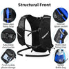Black hydration vest with a structural front featuring a water pipe fixing strap, internal zipper pocket, and 7 inch mobile p