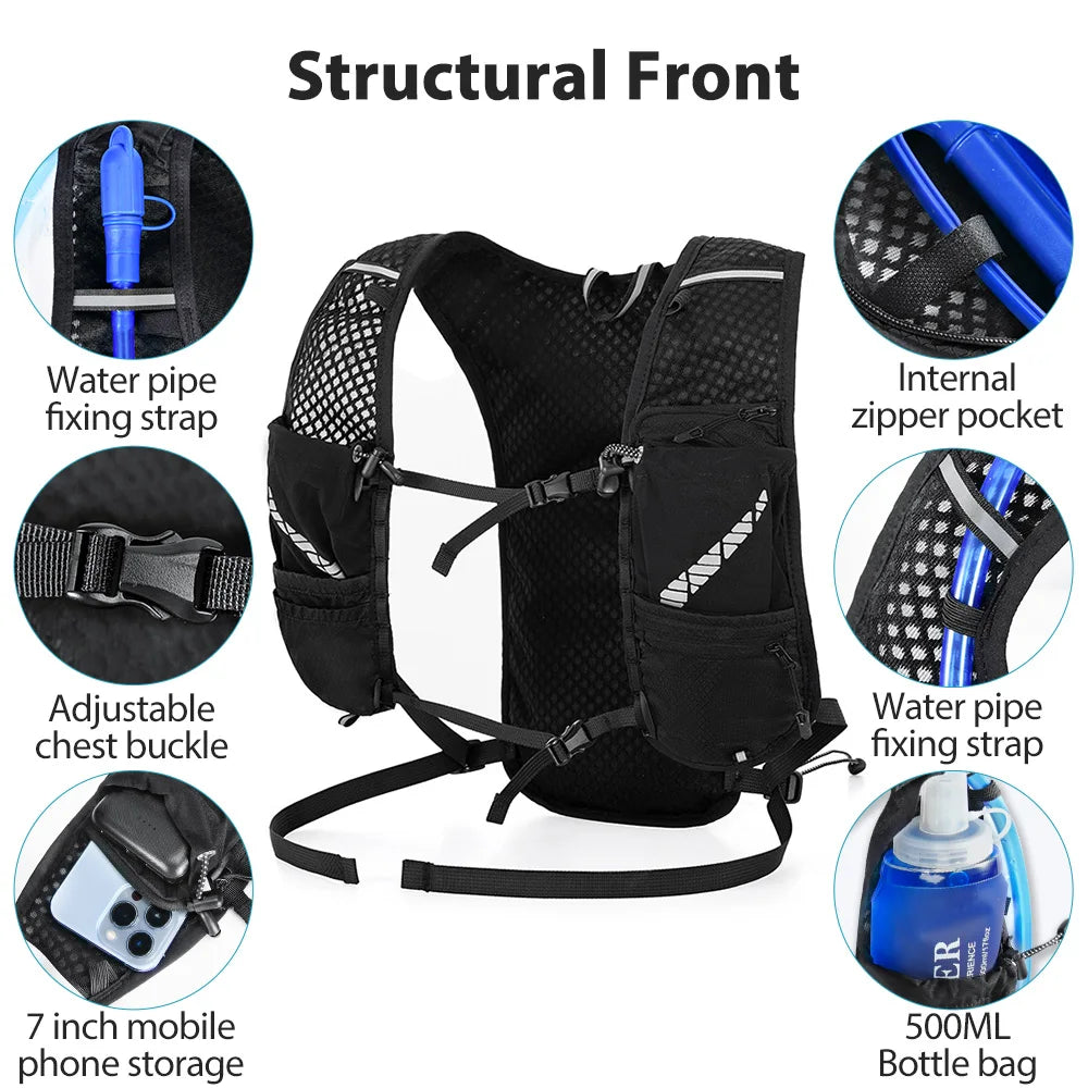 Black hydration vest with a structural front featuring a water pipe fixing strap, internal zipper pocket, and 7 inch mobile p