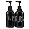 Two black pump dispensers labeled HANDS DISHES for dish and hand soap.