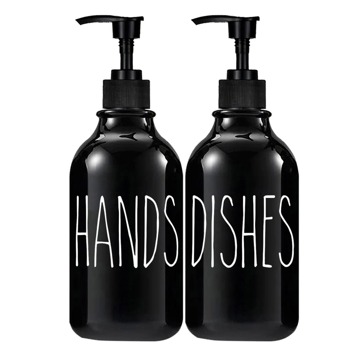 Two black pump dispensers labeled HANDS DISHES for dish and hand soap.