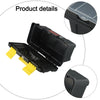 An open black plastic toolbox with yellow latches and a close-up view of the latch mechanism.