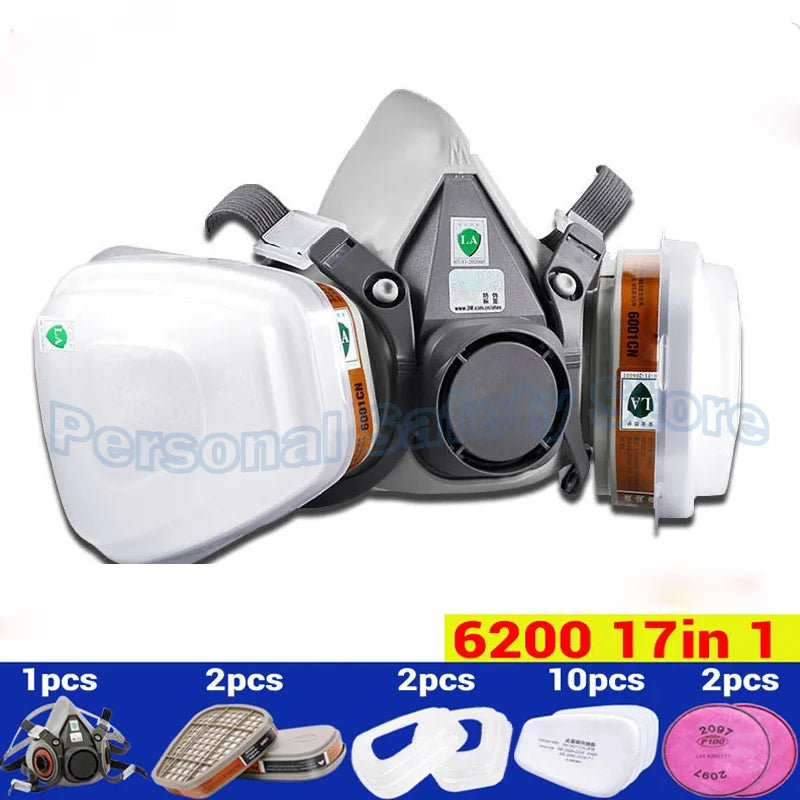 A half face respirator mask with anti-fog safety goggles and replacement parts shown in various quantities.