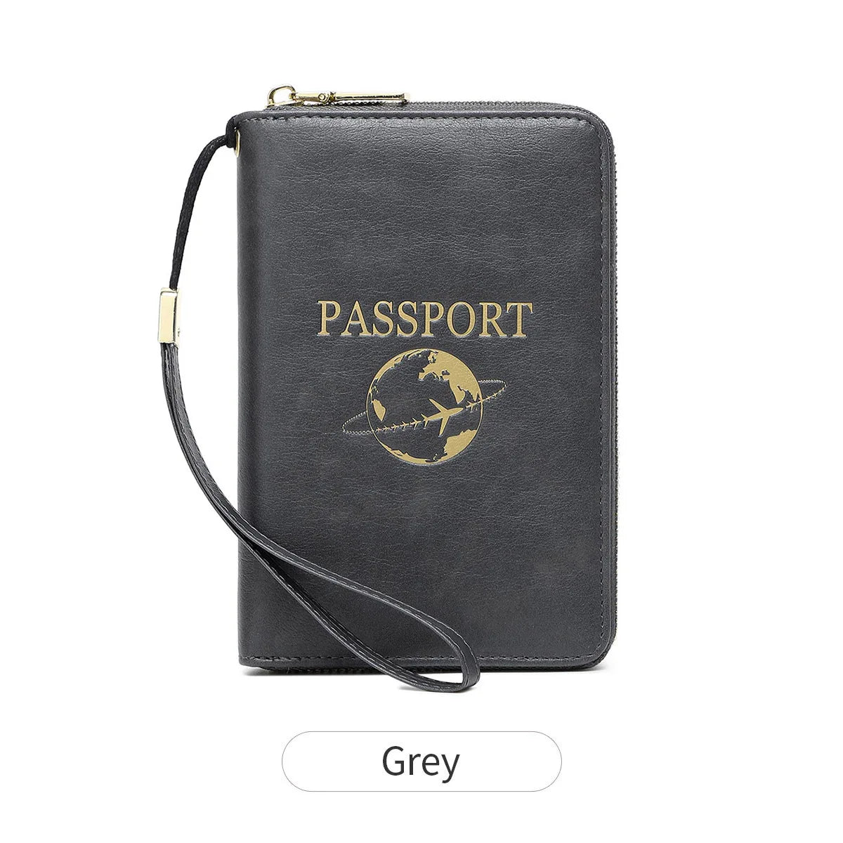 A dark grey passport wallet with a wrist strap and an embossed globe design.