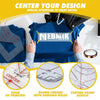 A blue t-shirt is being aligned using a MEBMIK design ruler with clear UV printing and hanging holes.