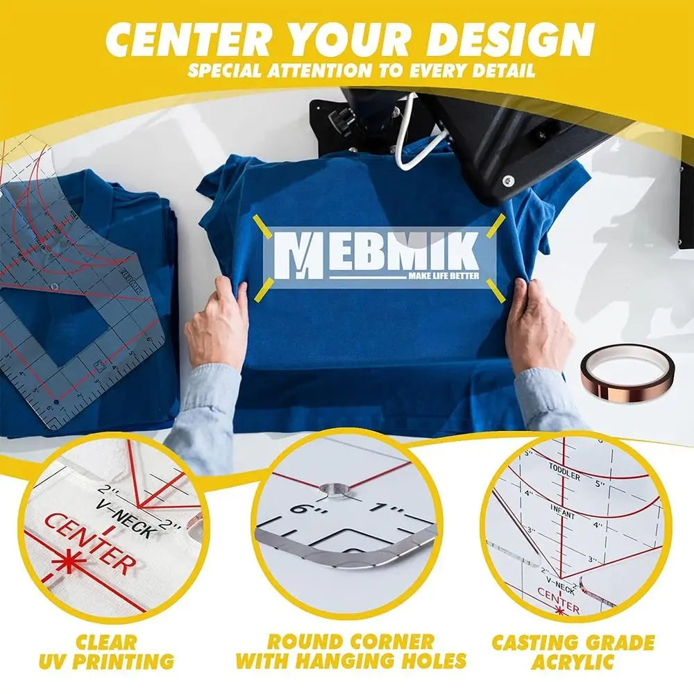 A blue t-shirt is being aligned using a MEBMIK design ruler with clear UV printing and hanging holes.
