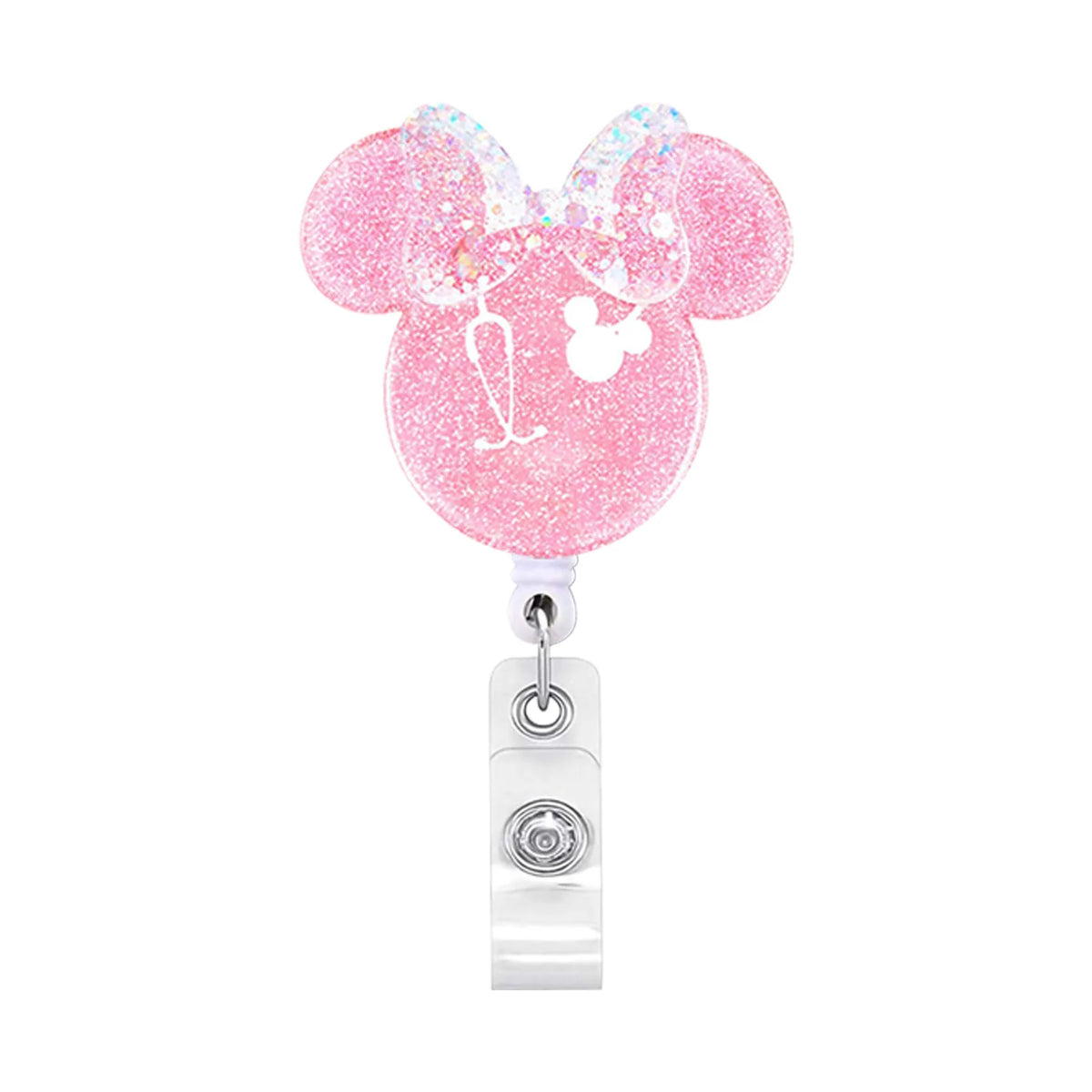 Pink glitter Mickey Mouse themed anime Christmas nurse badge reel with retractable ID holder