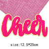 Pink chenille letter patch spelling Cheer with gold glitter outline