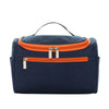 A navy blue hanging makeup bag with an orange trim and zipper, shown from the front.