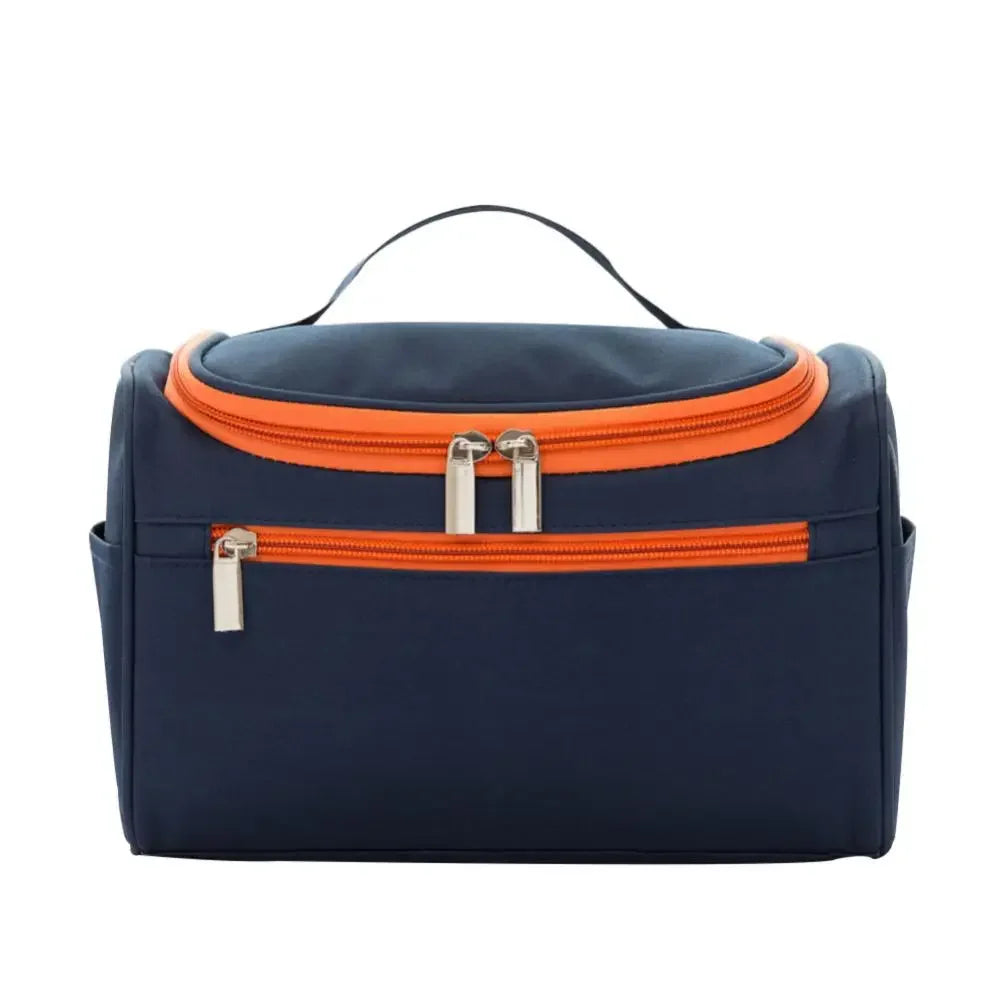 A navy blue hanging makeup bag with an orange trim and zipper, shown from the front.