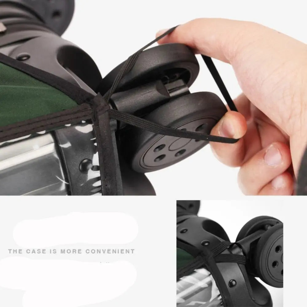 A hand is opening a black waterproof suitcase cover with an easy access zipper.