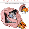 Pink duffel bag with multiple classification pockets storing various items and shoes