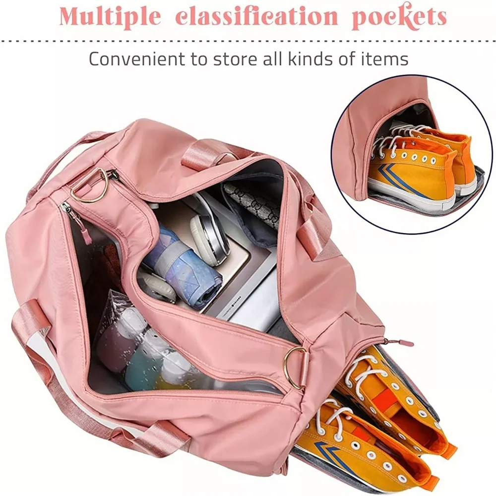 Pink duffel bag with multiple classification pockets storing various items and shoes
