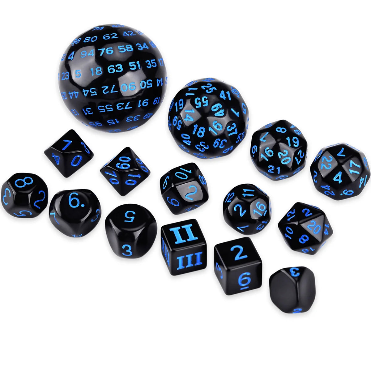 A set of 15 polyhedral dice including d4, d6, d8, d10, d12, d20, and dodecahedral dice in black color.