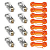 A set of aluminum alloy tent rope tensioners with reflective orange cords.