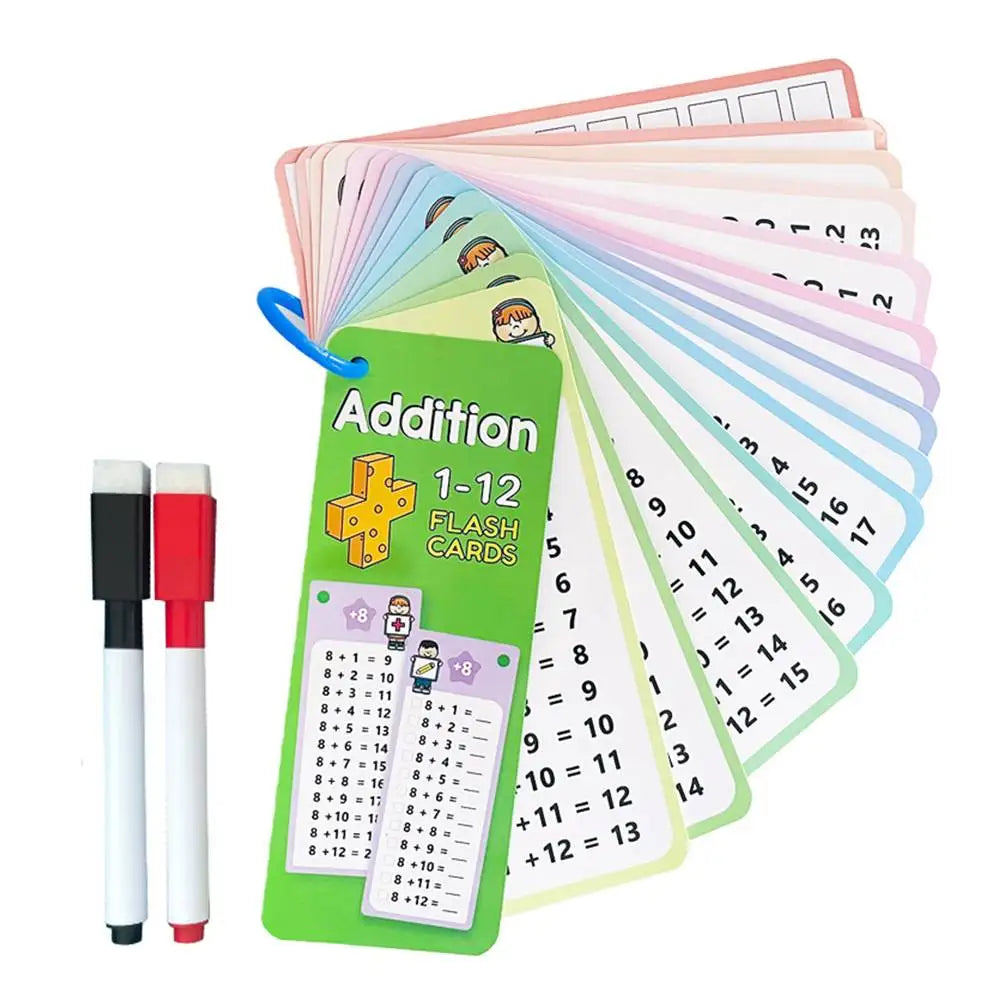A stack of colorful addition flash cards for kids showing numbers and operations.