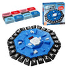 A blue hexagonal game board with black letter tiles and a white digital timer is shown alongside various game supplies.
