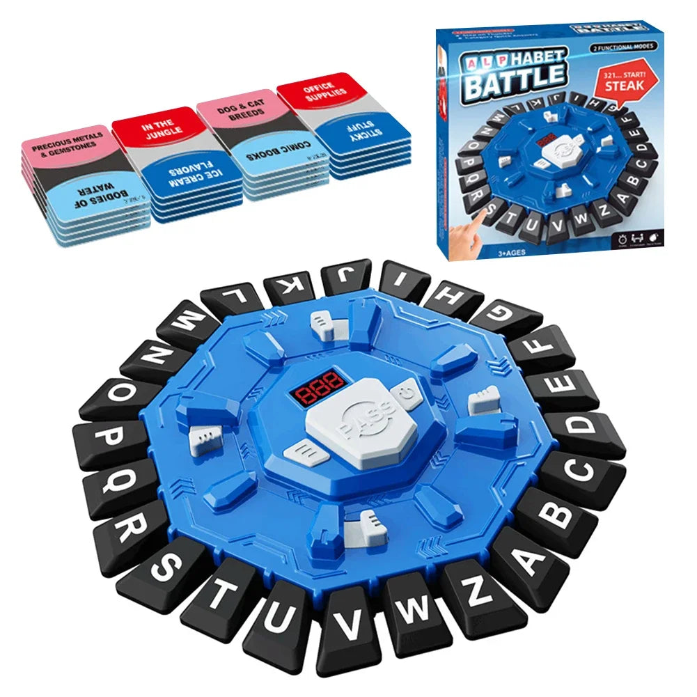 A blue hexagonal game board with black letter tiles and a white digital timer is shown alongside various game supplies.