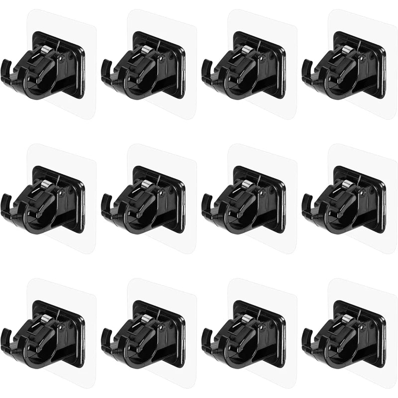 A set of two black self-adhesive no-drill curtain rod brackets.