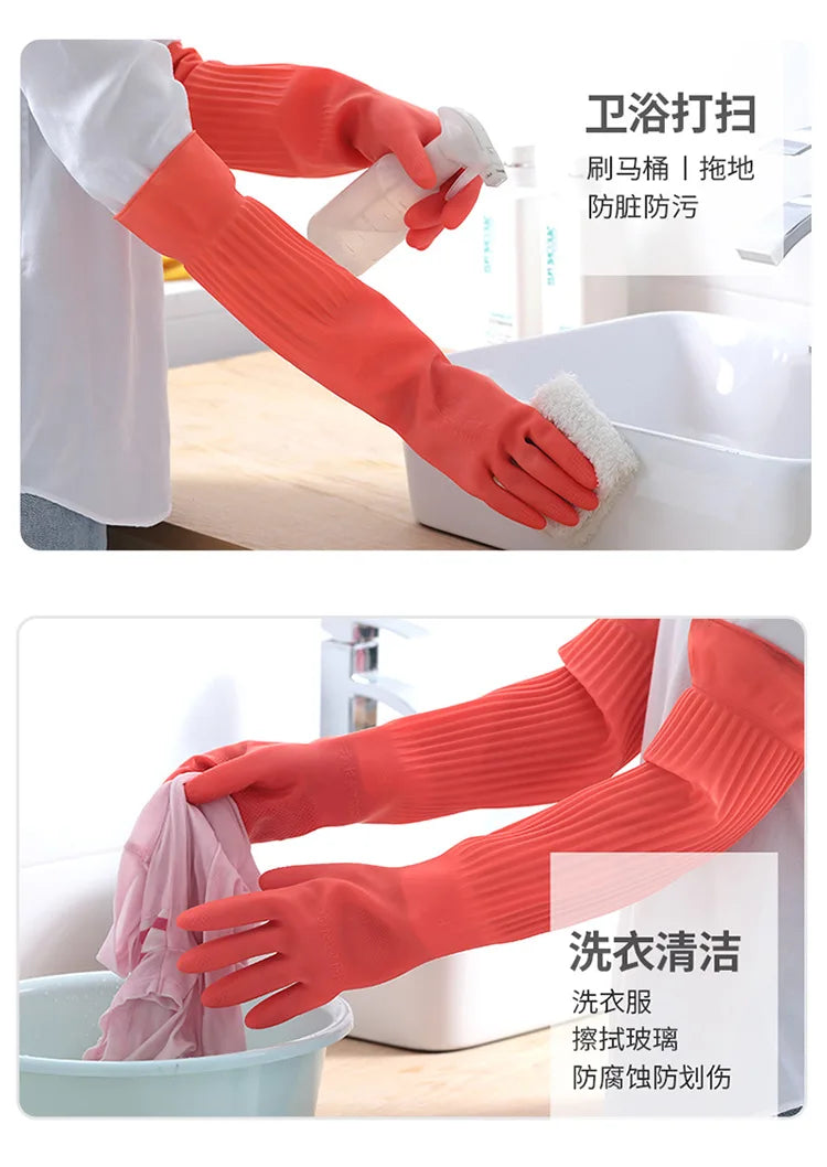 A pair of orange silicone scrubbing gloves are shown being used to clean a sink or dish.