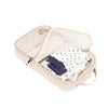 A beige stroller hanging diaper bag open, showing separate storage for baby clothes and accessories.