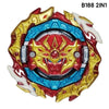 A battle spinning top featuring a red and gold design with blue accents and white detailing.
