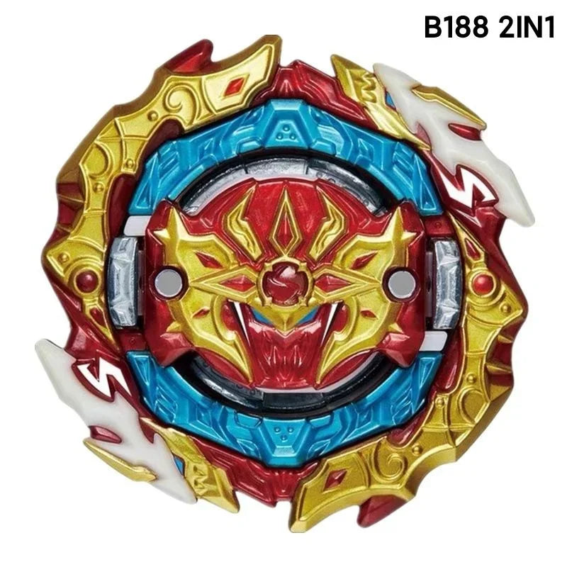 A battle spinning top featuring a red and gold design with blue accents and white detailing.