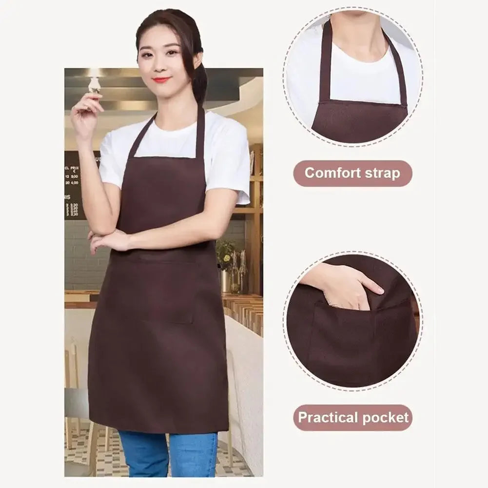 A woman models a dark brown waterproof apron with a comfort strap and a practical pocket.