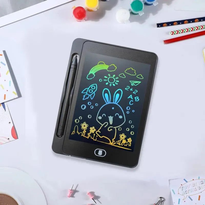 A black 6.5-inch LCD writing tablet for kids displaying colorful drawings and characters on a white surface.