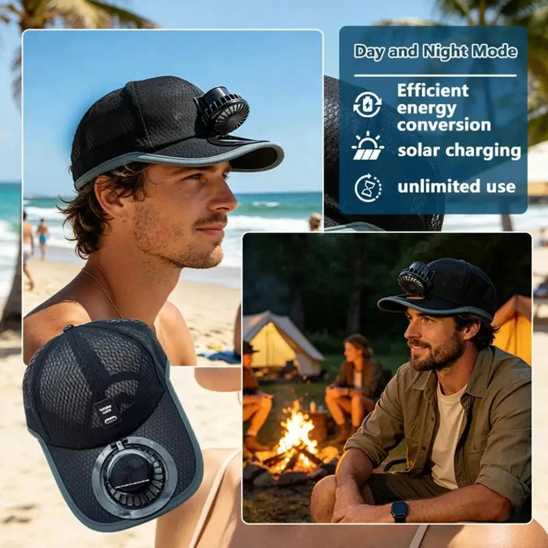 Solar-Powered Cooling Fan Hat with USB Charging