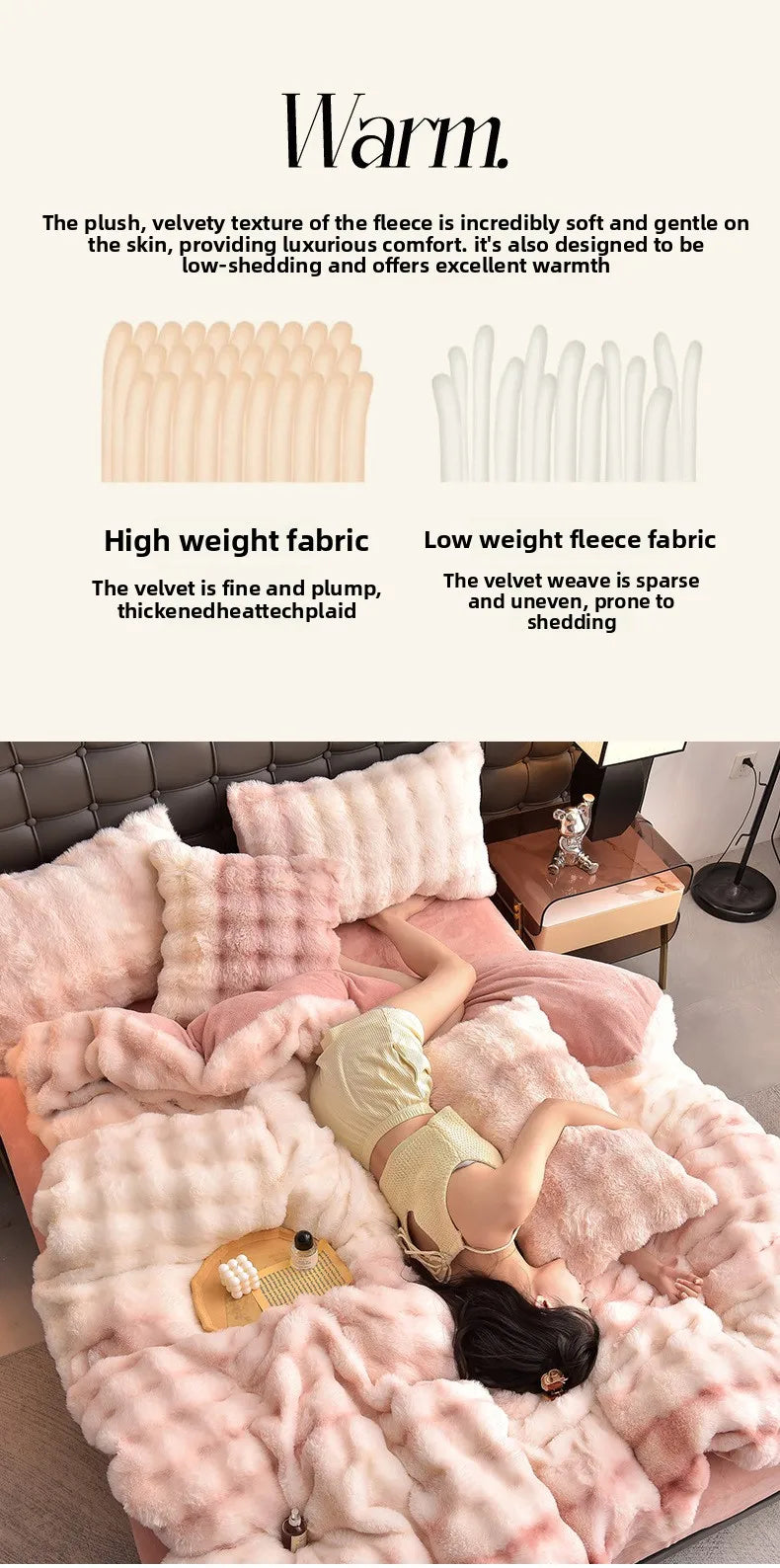A pink and white plush bedding set featuring velvet fabrics with various textures and a decorative pillow.