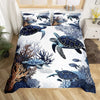 A duvet cover set featuring a repeating pattern of various sea turtles in shades of blue and gray.