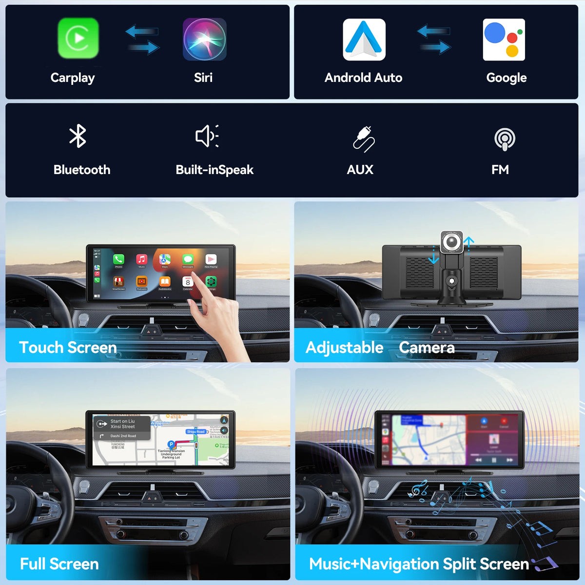 A display showing various car technology features including CarPlay, Android Auto, Bluetooth, AUX, FM, touch screen, and came
