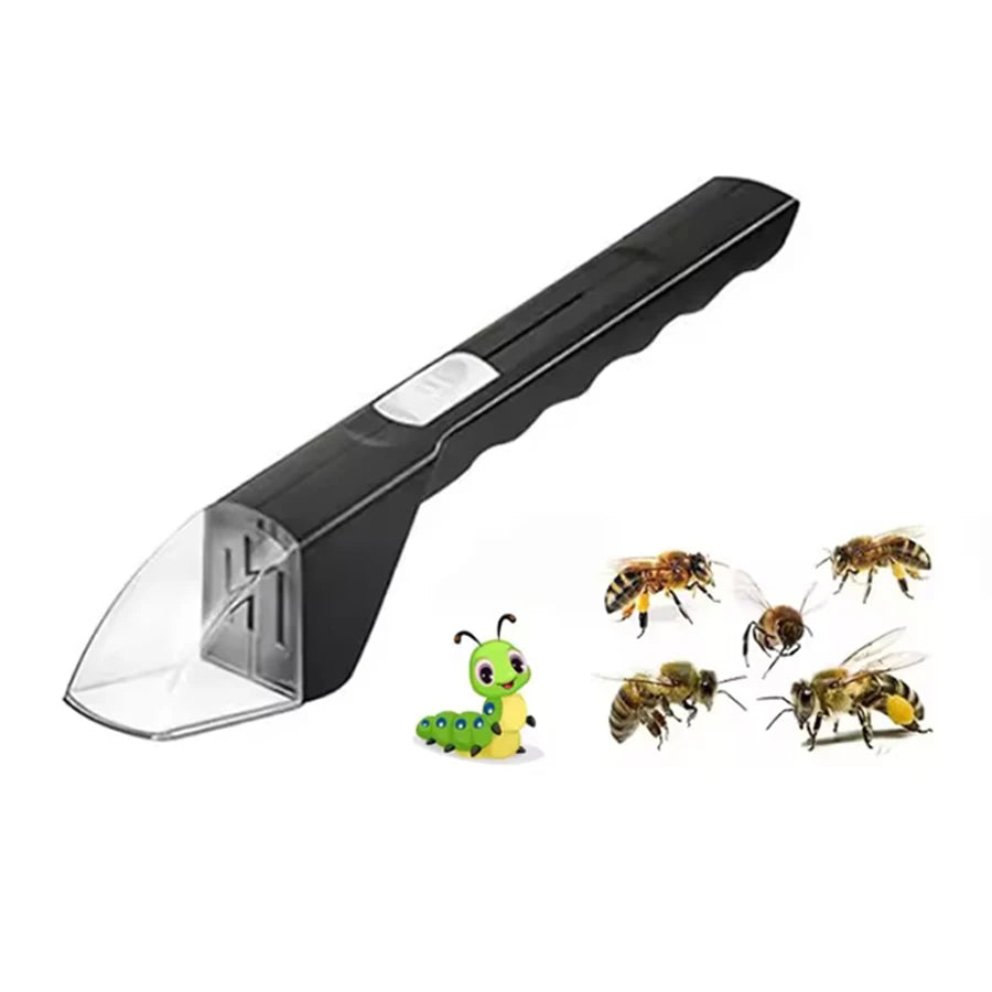 A black humane insect catcher and viewer with a clear window, showing several insects.