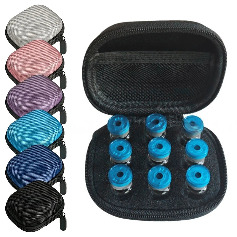 A portable insulin and peptide vial storage case shown with various colored covers and multiple clear storage compartments.