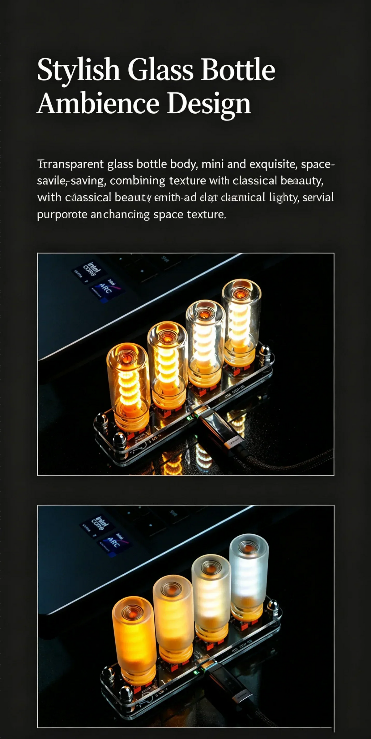 A close-up of a glass bottle ambience design featuring multiple glowing LED lights on a black surface.