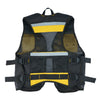 Black and yellow reflective tool vest with mesh pockets and a phone holder