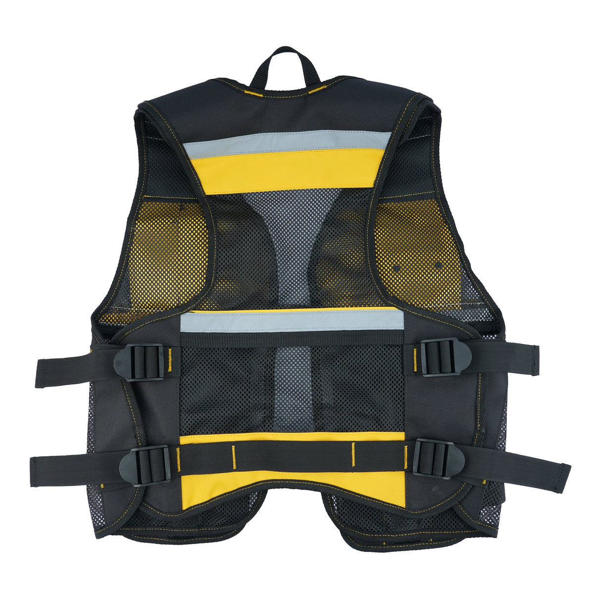 Black and yellow reflective tool vest with mesh pockets and a phone holder