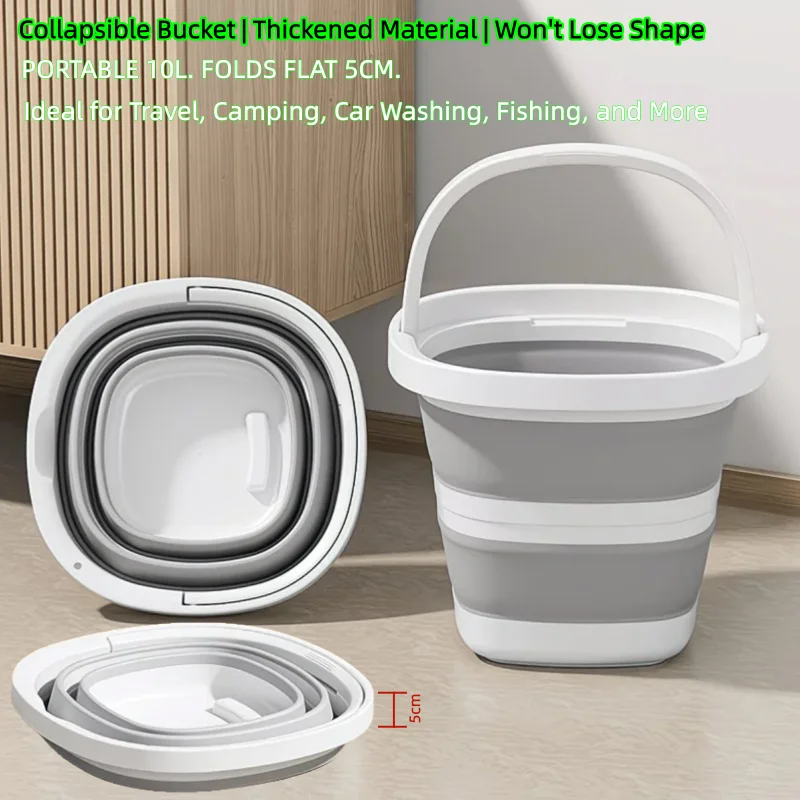 A white collapsible bucket shown in various forms, including a folded flat shape and a standing bucket.