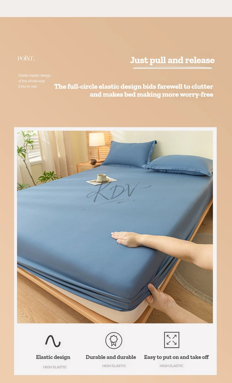A close-up of a blue fitted bed sheet being pulled and released to demonstrate the elastic design.