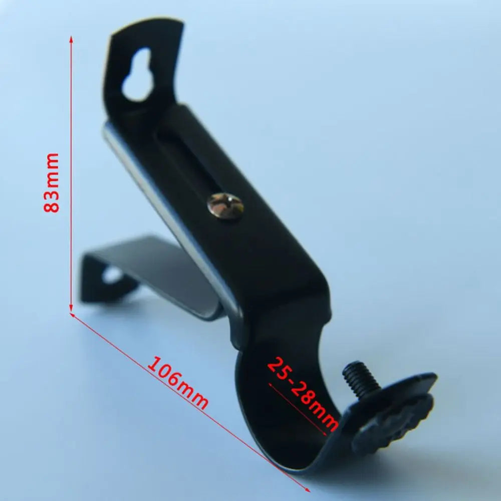 A black no-drill metal curtain rod bracket with adjustable wall mount support shown in profile.