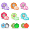 A collection of colorful slime putty in various shades and textures displayed in circular tins.