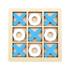 A wooden tic tac toe game set with twelve wooden pieces arranged in a four by three grid.