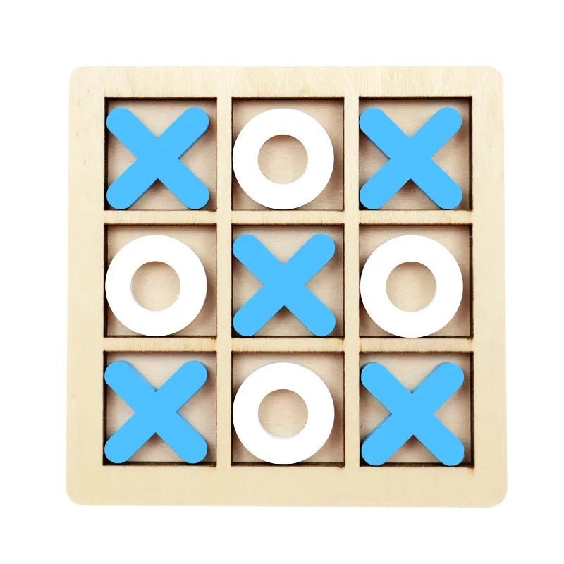 A wooden tic tac toe game set with twelve wooden pieces arranged in a four by three grid.